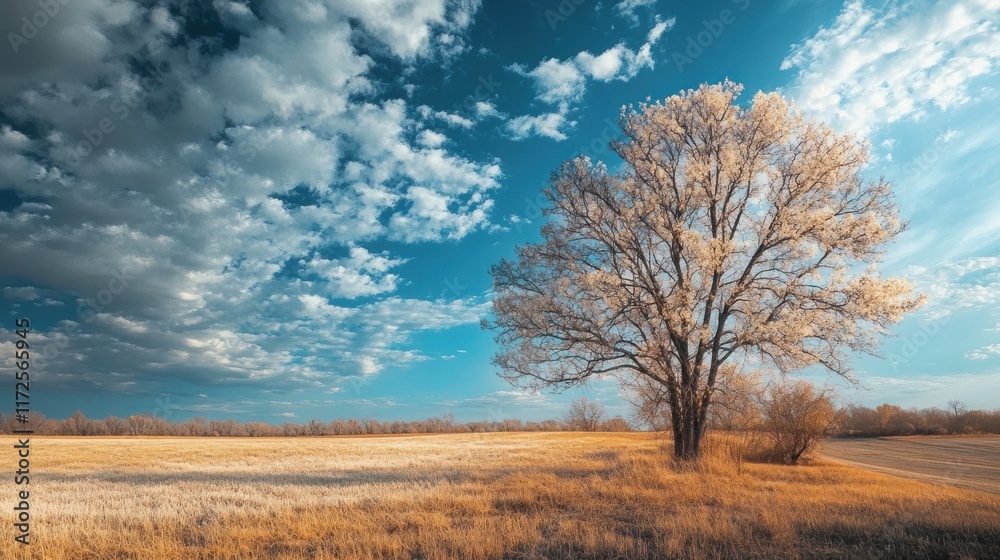Serene Landscape: Lone Tree in Golden Prairie under a Dramatic Sky Serene Landscape: Lone Tree in Golden Prairie under a Dramatic Sky