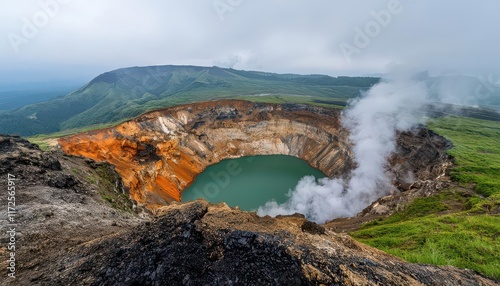 exotic destinations concept. Active Volcano Treks Climb to the rim of active volcanoes for dramatic views of lava lakes and steam vents photo