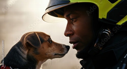 African male firefighter gently looks at dog in helmet photo