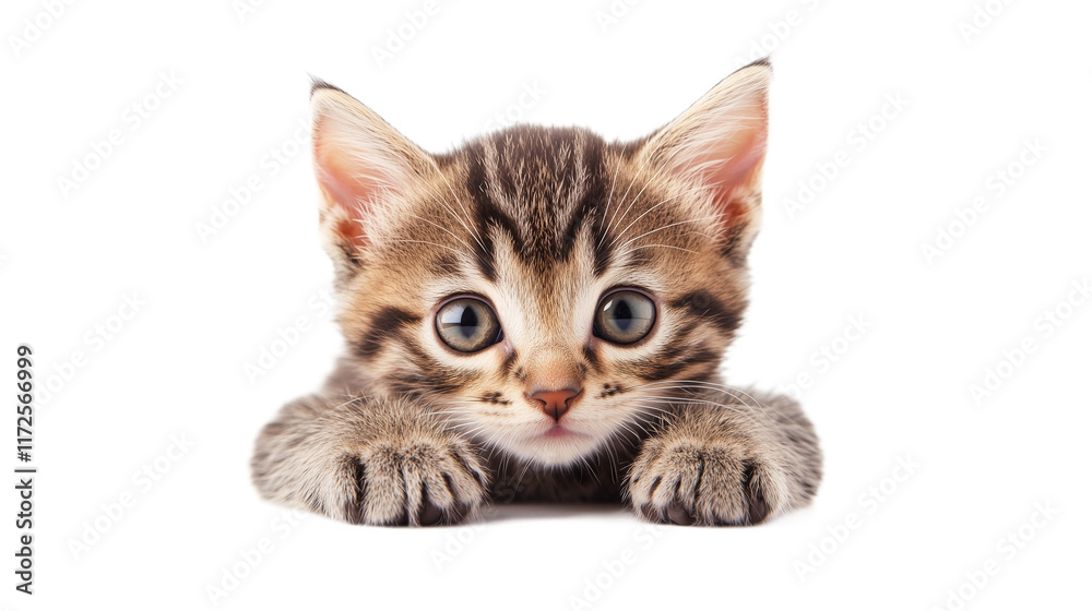 Tabby kitten with a curious expression being gently examined by a veterinarian without background Tabby kitten with a curious expression being gently examined by a veterinarian without background