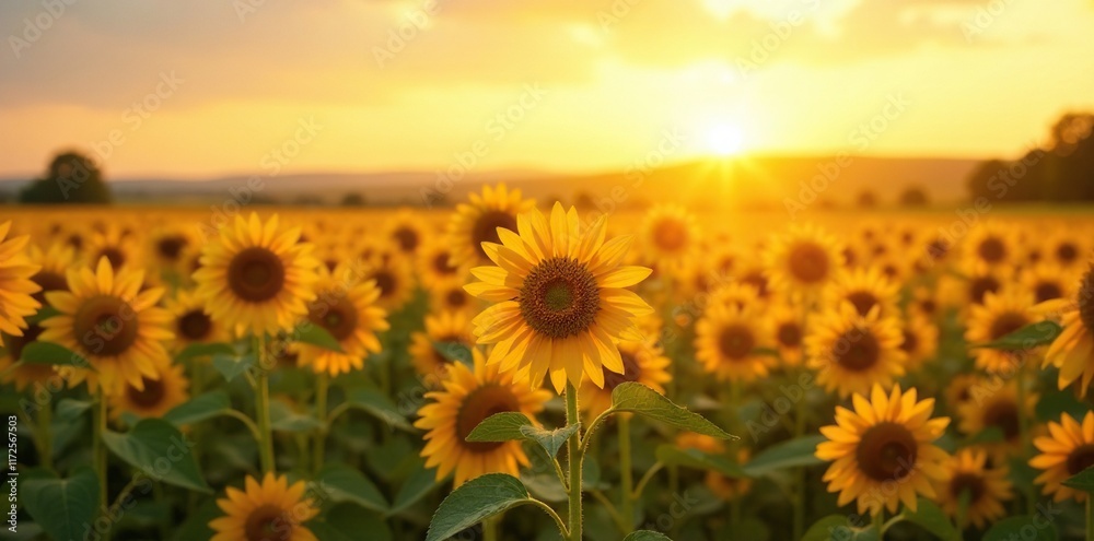 Obraz premium Golden hues fade over tall sunflower stalks in a vast open field, warm glow, wildflowers, serene