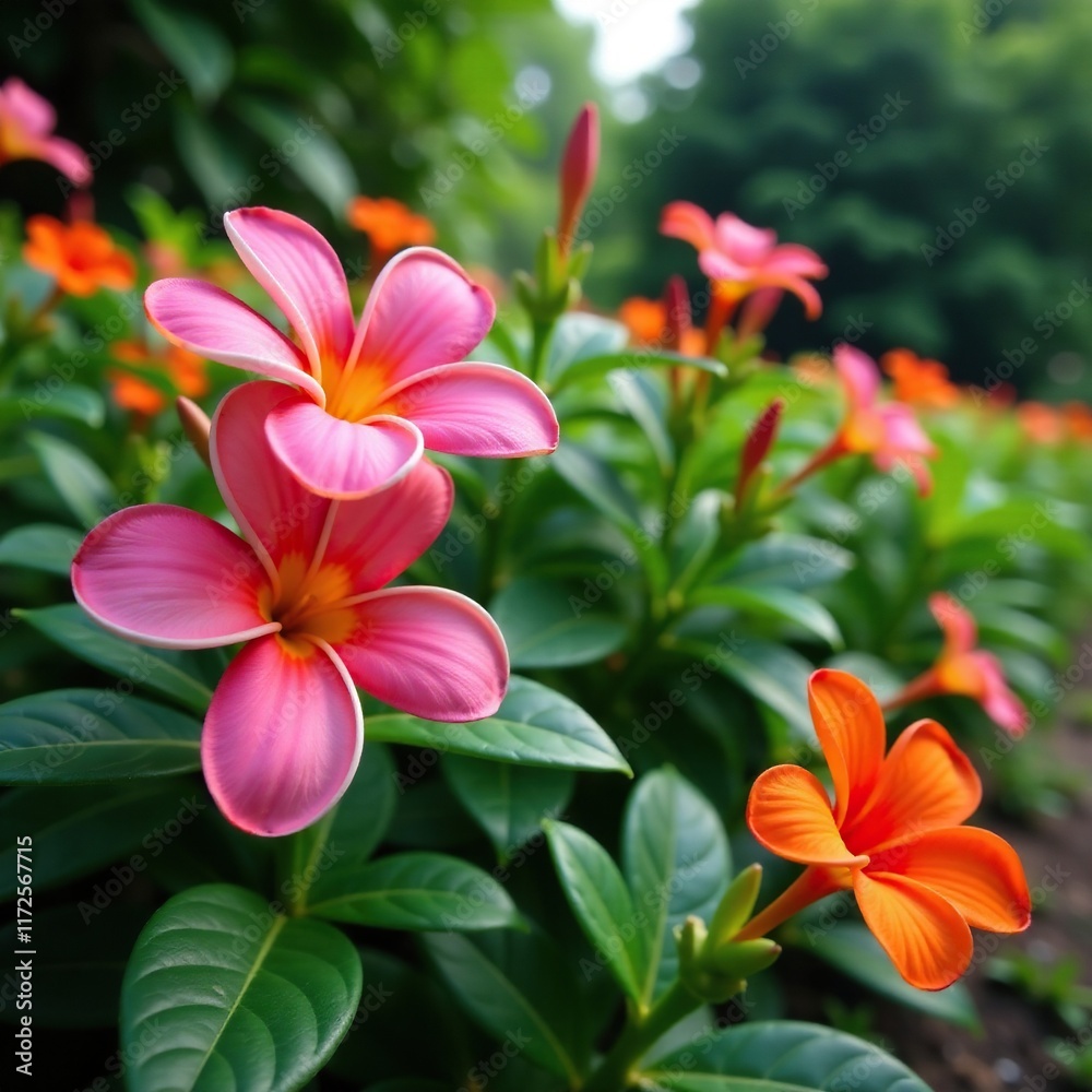 Guayacan flowers in a garden with other flowers, nature, botanical Guayacan flowers in a garden with other flowers, nature, botanical