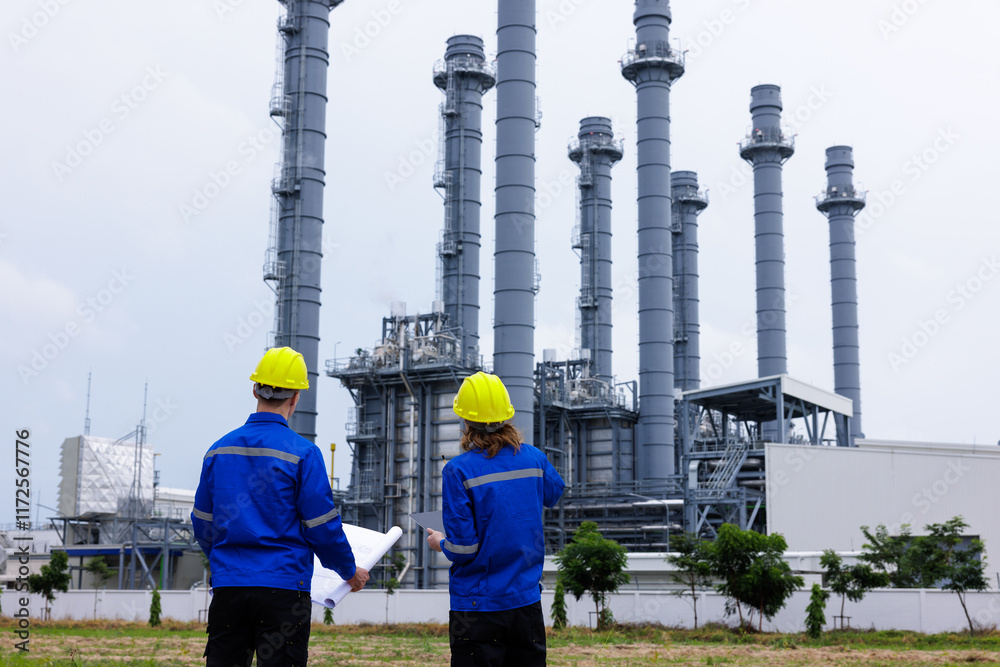 Petrochemical engineers teamwork working together at petroleum oil refinery industry area. Petrochemical engineers teamwork working together at petroleum oil refinery industry area.