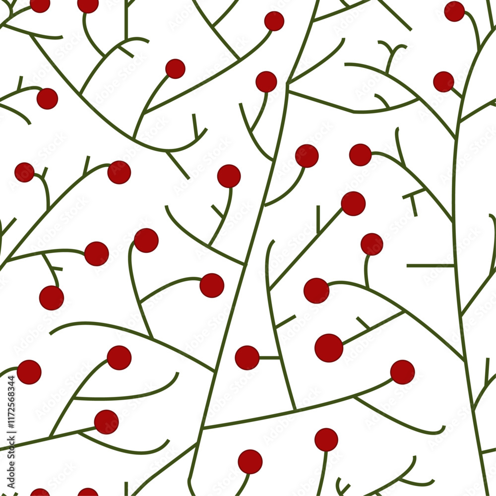 A seamless botanic pattern with red berries and branches. Branches and berries pattern on white. A seamless botanic pattern with red berries and branches. Branches and berries pattern on white.