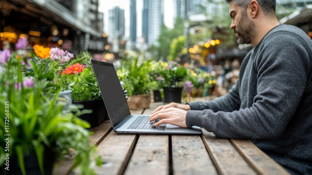 Man Working on Laptop in a Vibrant Outdoor Workspace Surrounded by Flowers and Cityscape, Embracing Nature and Technology