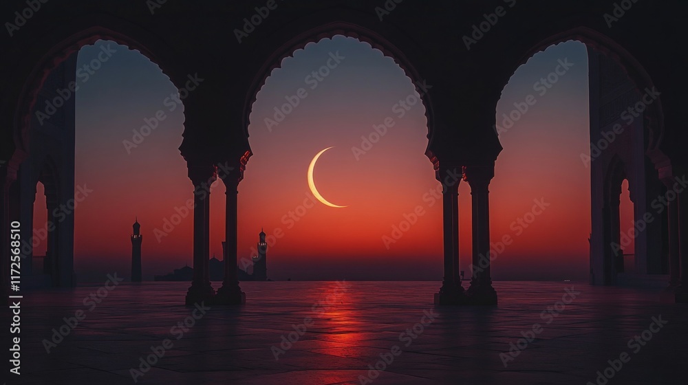 Fototapeta premium Islamic architecture in silhouette, crescent moon radiating softly, serene twilight with layers of warm and cool colors blending seamlessly