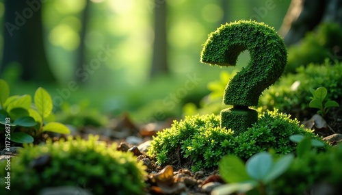 Moss-covered question mark peeking out from under dense foliage, question mark, dappled light