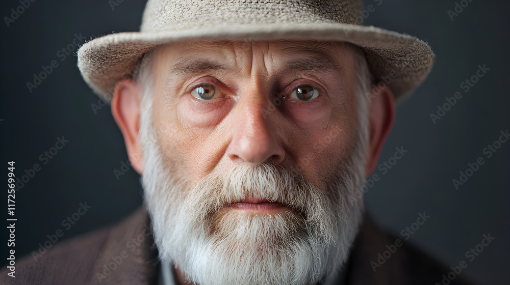 Close up portrait showing confident senior Caucasian farmer wearing wide brimmed hat, displaying weathered face and long white beard against dark background Close up portrait showing confident senior Caucasian farmer wearing wide brimmed hat, displaying weathered face and long white beard against dark background