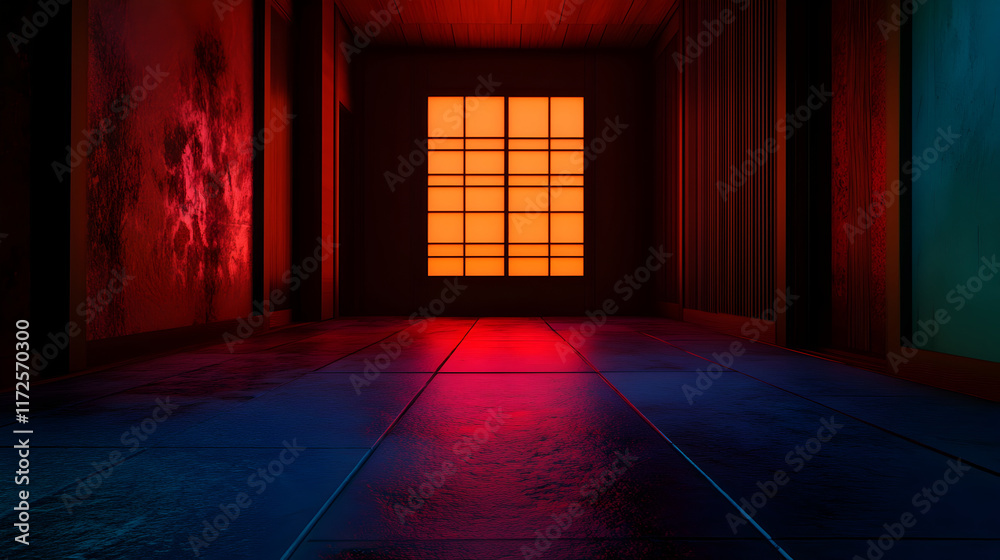 Orange glowing shoji window illuminating dark japanese corridor with red and blue neon lights, creating a mysterious and dramatic atmosphere Orange glowing shoji window illuminating dark japanese corridor with red and blue neon lights, creating a mysterious and dramatic atmosphere