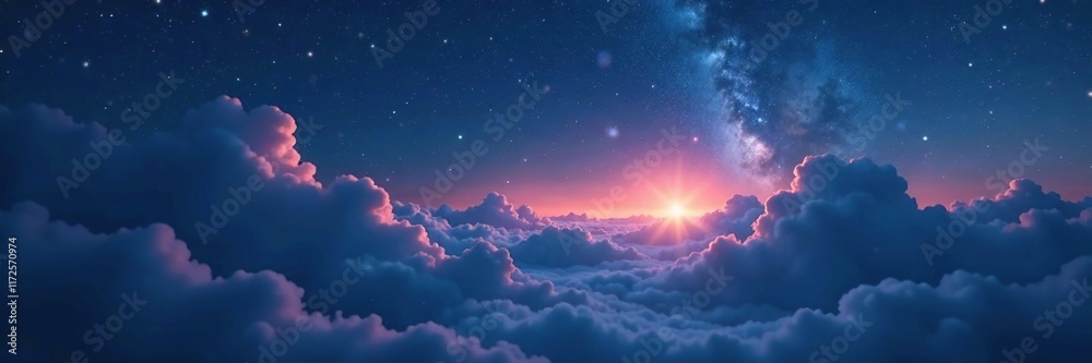 Soft shimmering light spreads across midnight sky, misty, light, atmospheric