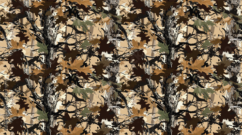 Seamless Hunting Camouflage Pattern with Realistic Tree Bark Textures and Layered Leaf Details for Forest and Outdoor Design Projects. Vector hunting camouflage background. Camo texture. Abstract