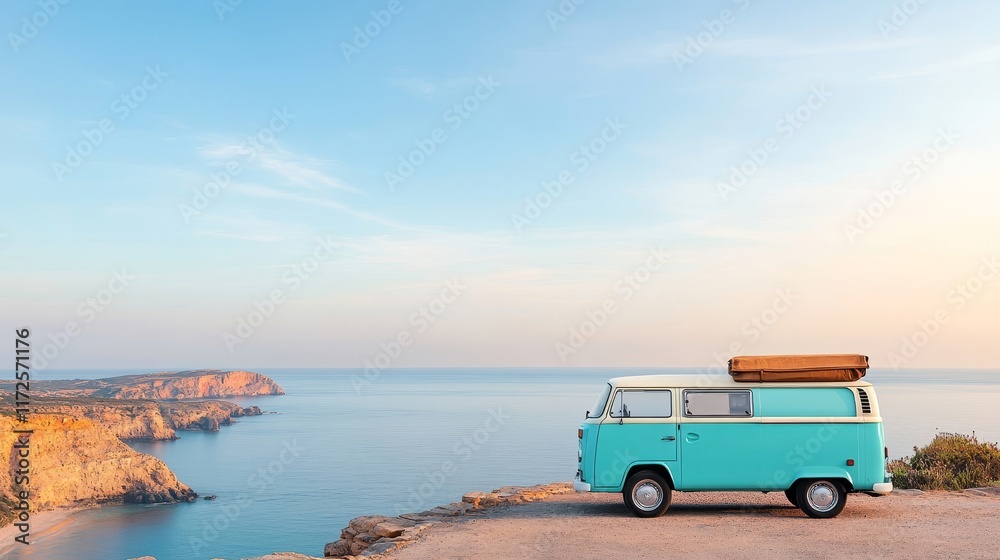 Fototapeta premium Vintage Van Parked on Coastal Cliff Overlooking Serene Ocean at Sunrise, A Perfect Travel Destination for Adventure Seekers and Nature Lovers