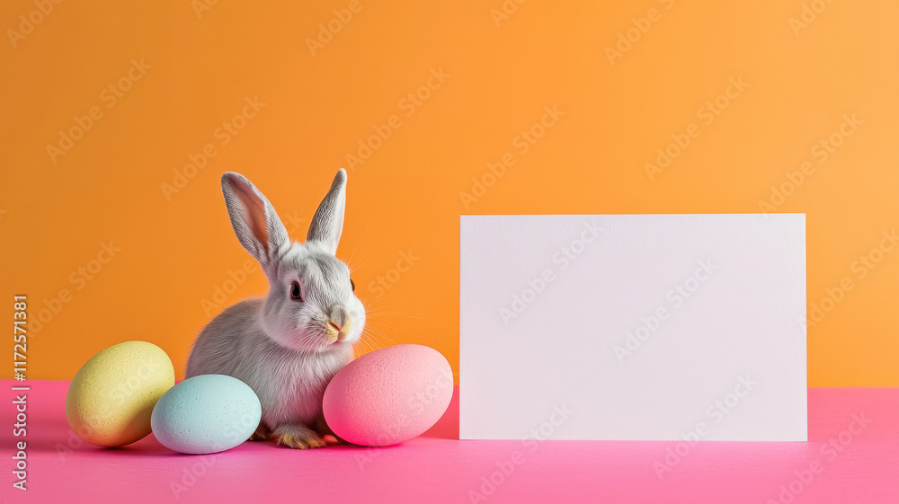 Obraz premium A minimalist Easter card with a bright and cheerful design, featuring soft pastel colors and an empty space in the center for adding personalized Easter wishes. 