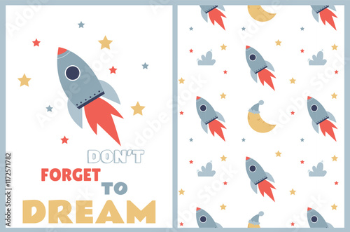 a set of a pattern and a postcard with a motivational phrase for little dreamers with a rocket and a starry sky