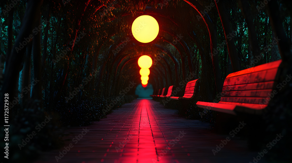 Benches lining a path glow with orange lights at night, surrounded by trees and bushes, creating a mysterious and romantic atmosphere in a serene park setting Benches lining a path glow with orange lights at night, surrounded by trees and bushes, creating a mysterious and romantic atmosphere in a serene park setting