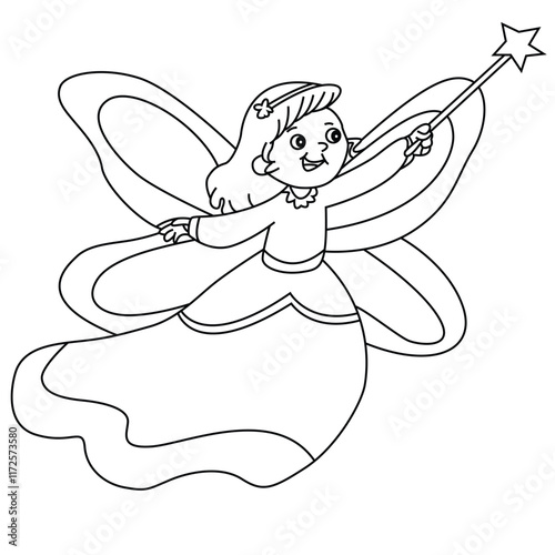 Cute cartoon hand drawn vector flying fairy princess with magic band outline coloring page.