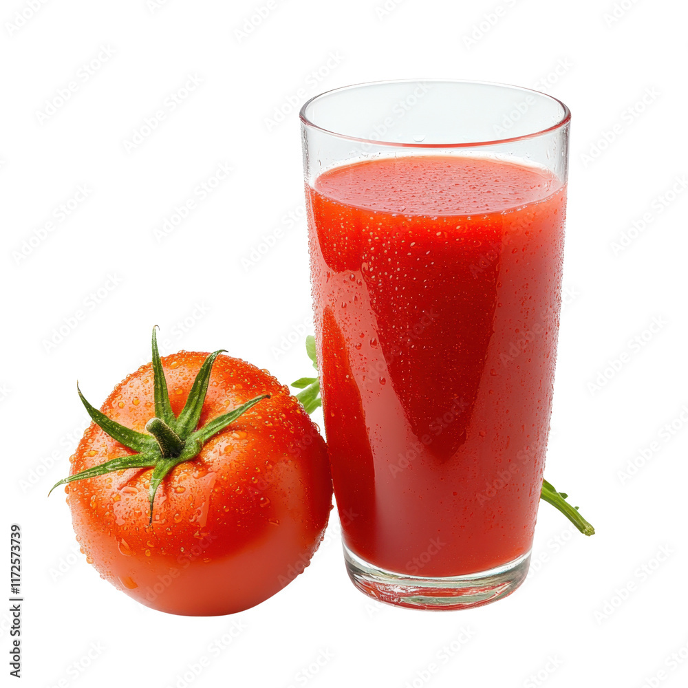 Fresh Tomato Juice in a Glass Beside a Whole Tomato on White Background Fresh Tomato Juice in a Glass Beside a Whole Tomato on White Background