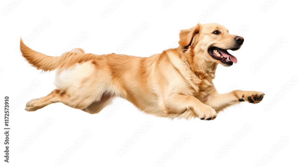 Energetic Golden Retriever Dog in Mid-Run Captured Against a White Background, Exuding Playfulness and Joy with a Happy Expression Energetic Golden Retriever Dog in Mid-Run Captured Against a White Background, Exuding Playfulness and Joy with a Happy Expression