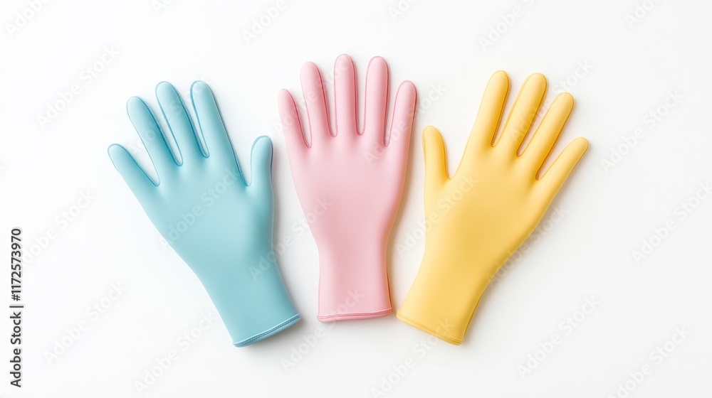 Obraz premium Colorful Rubber Cleaning Gloves in Blue, Pink, and Yellow Arranged on a White Background, Perfect for Household Chores and Spring Cleaning Activities