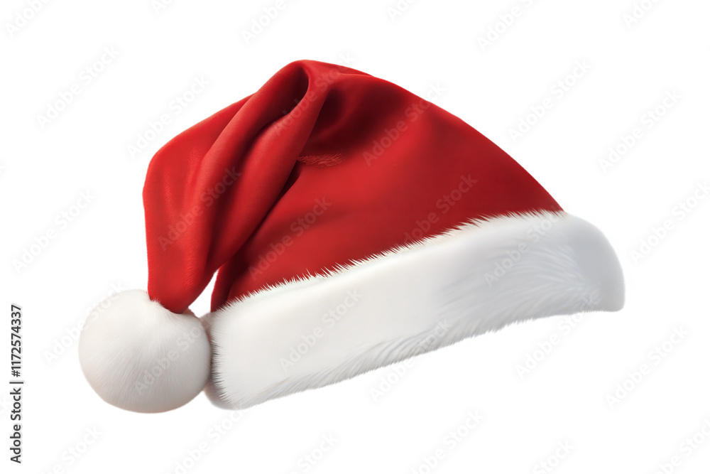 Classic Santa Hat with White Fur Trim - Traditional red Santa Claus hat with soft white fur trim and a fluffy pom-pom, isolated on a white background for festive themes. Classic Santa Hat with White Fur Trim - Traditional red Santa Claus hat with soft white fur trim and a fluffy pom-pom, isolated on a white background for festive themes.