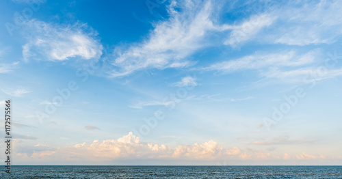 Fototapeta Naklejka Na Ścianę i Meble -  Evening blue sky clouds over sea, Horizon sea sky landscape nature Background
