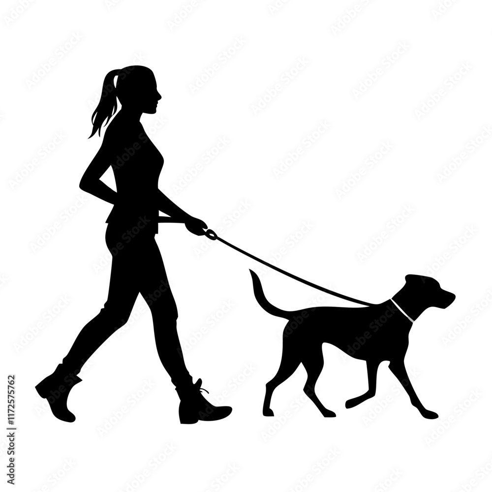 silhouette of a woman walking a dog pet care vector illustration, Full length profile shot silhouette of a woman walking a dog pet care vector illustration, Full length profile shot