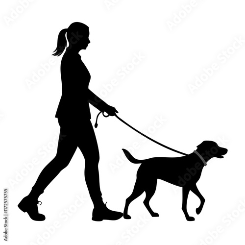 silhouette of a woman walking a dog pet care vector illustration, Full length profile shot