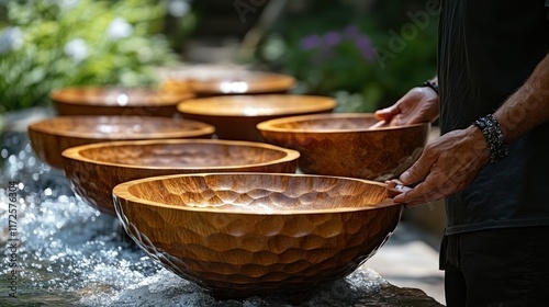 Man rinsing wooden bowls by water feature, garden background. Use Wellness, spa, culinary.