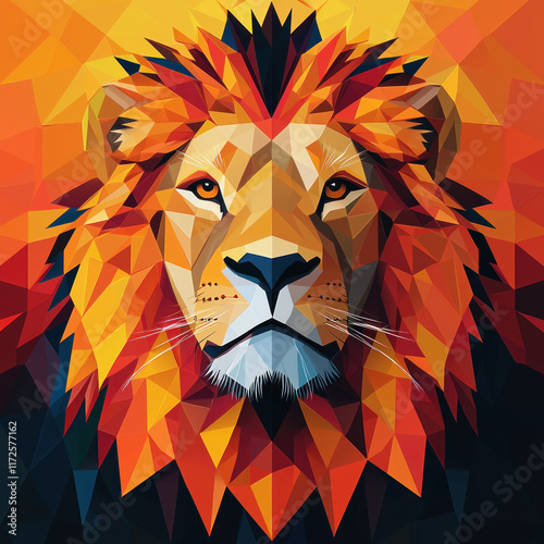 Geometric lion portrait on orange, black backdrop photo