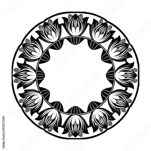 

A lotus-border mandala features a central lotus flower surrounded by intricate, symmetrical patterns, symbolizing purity, balance, and spiritual awakening in a harmonious design.