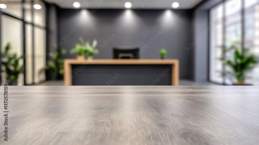 Fototapeta premium Modern Office Reception Area with Wood Desk and Green Plants