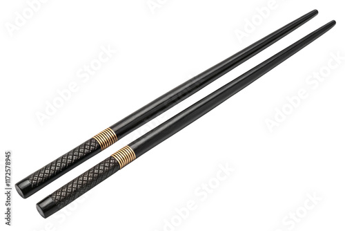 Two black chopsticks are shown,  carbon fiber texture, gold metallic band, Japanese dining utensils on a white background.png
