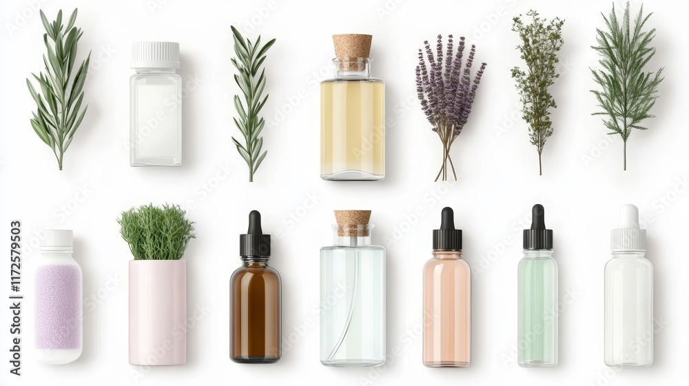 Aesthetic Arrangement of Aromatic Herbs and Bottles of Essential Oils with Natural Greenery for Wellness and Relaxation Concepts Aesthetic Arrangement of Aromatic Herbs and Bottles of Essential Oils with Natural Greenery for Wellness and Relaxation Concepts