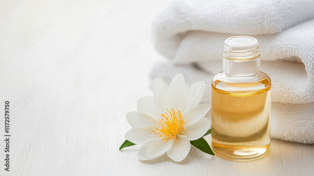 Serene Spa Setting with Essential Oil Bottle, Fresh White Lotus Flower on Soft White Towels for Wellness and Aromatherapy Treatments Serene Spa Setting with Essential Oil Bottle, Fresh White Lotus Flower on Soft White Towels for Wellness and Aromatherapy Treatments
