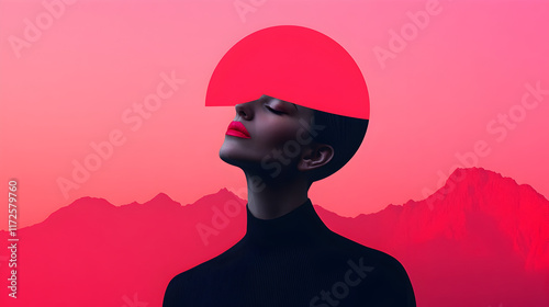 Contemporary art collage featuring a woman with closed eyes and red lipstick, her head partially covered by a geometric shape against a vibrant mountain backdrop