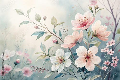 Wallpaper Mural Soft pastel watercolor painting of delicate flowers and buds. Torontodigital.ca