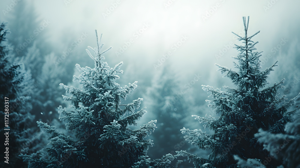 A snow-covered forest, with icy branches as the background, during a misty morning after a sudden snowfall A snow-covered forest, with icy branches as the background, during a misty morning after a sudden snowfall