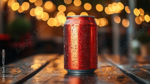 Refreshing Red Can on a Dewy Table Under Warm String Lights