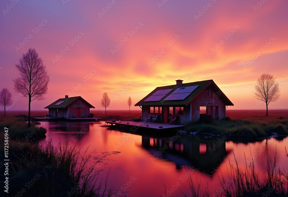 Fototapeta premium Sunset Glow Reflects on Tranquil Waters by Rustic Houses Amidst Serene Nature