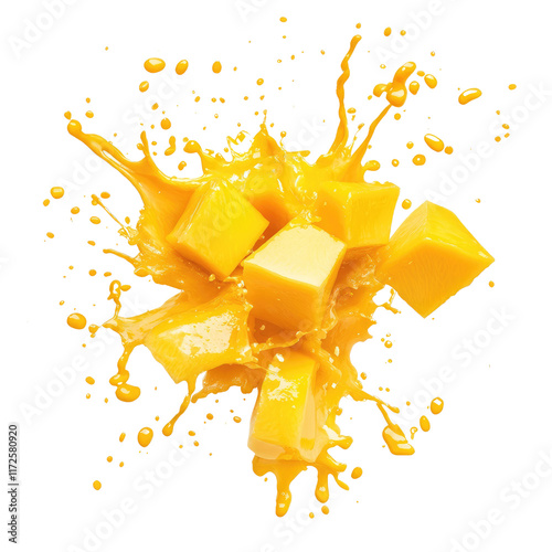 Fresh Mango Chunks Splashing in Juicy Yellow Liquid with Motion photo