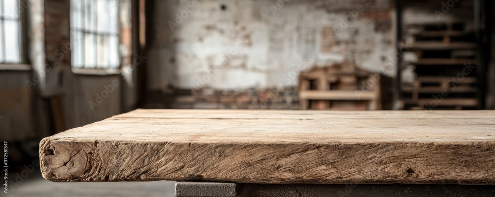 A rustic wooden tabletop in an industrial setting, showcasing textured grain against a minimalist backdrop of weathered walls. A rustic wooden tabletop in an industrial setting, showcasing textured grain against a minimalist backdrop of weathered walls.