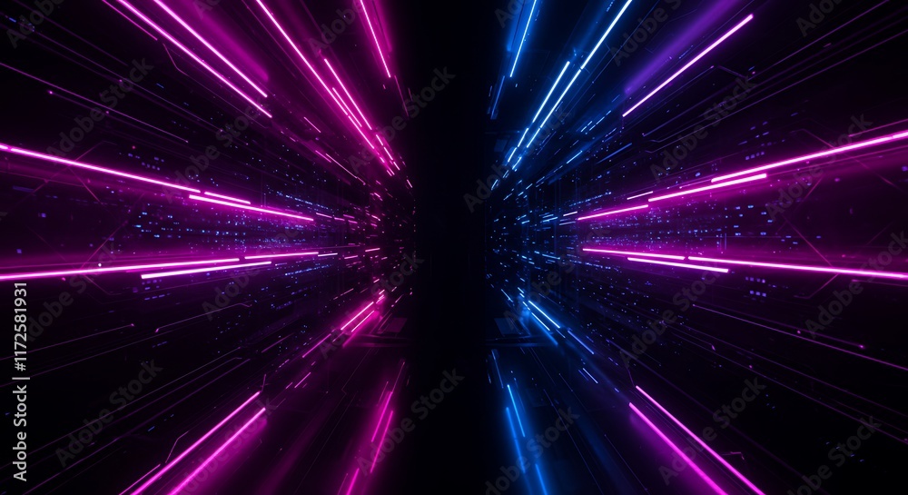 Naklejka premium Dark neon light strikes. Concept of movement, big data and technology background texture 