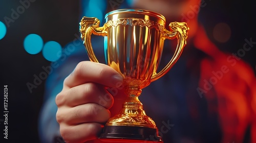 A close-up of a person's hand holding a golden trophy, illuminated with vibrant blue and orange lights, celebrating a victory. photo