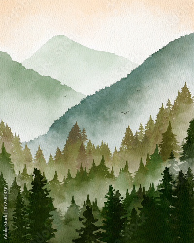 Watercolor Drawing of the Mountains. Print. Pattern.