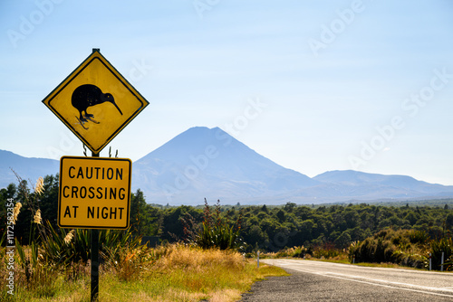 Obraz na płótnie “Kiwi Crossing at Night” road sign by the side of road. Mount Ngauruhoe in the distance. Tongariro National Park. New Zealand. w salonie