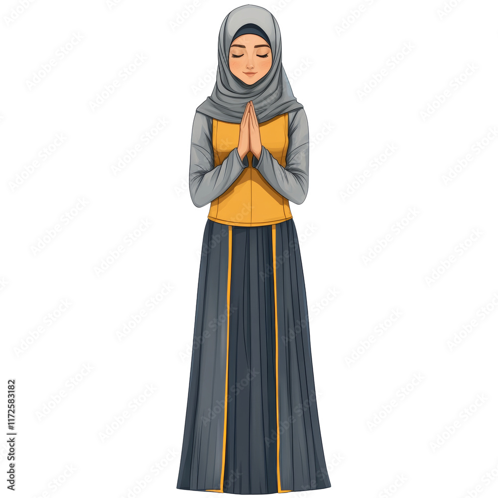 Naklejka premium Respectful Greeting by a Woman in Light Gray Hijab and Dark Blue Skirt