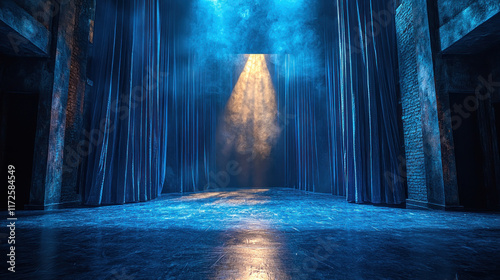 Empty stage with blue curtains, spotlight, smoky atmosphere, brick backdrop, for performances