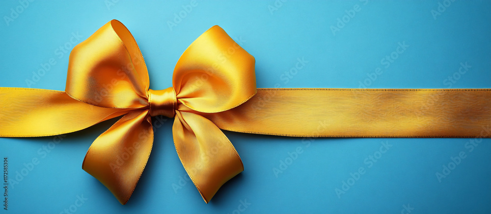 A cheerful yellow ribbon bow on a pastel blue background, perfect for gift-giving, celebrations, and design projects related to birthdays or holidays.