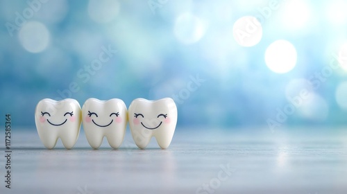 Cute Smiling Teeth Figurines on Soft Blue Background with Bokeh Effect