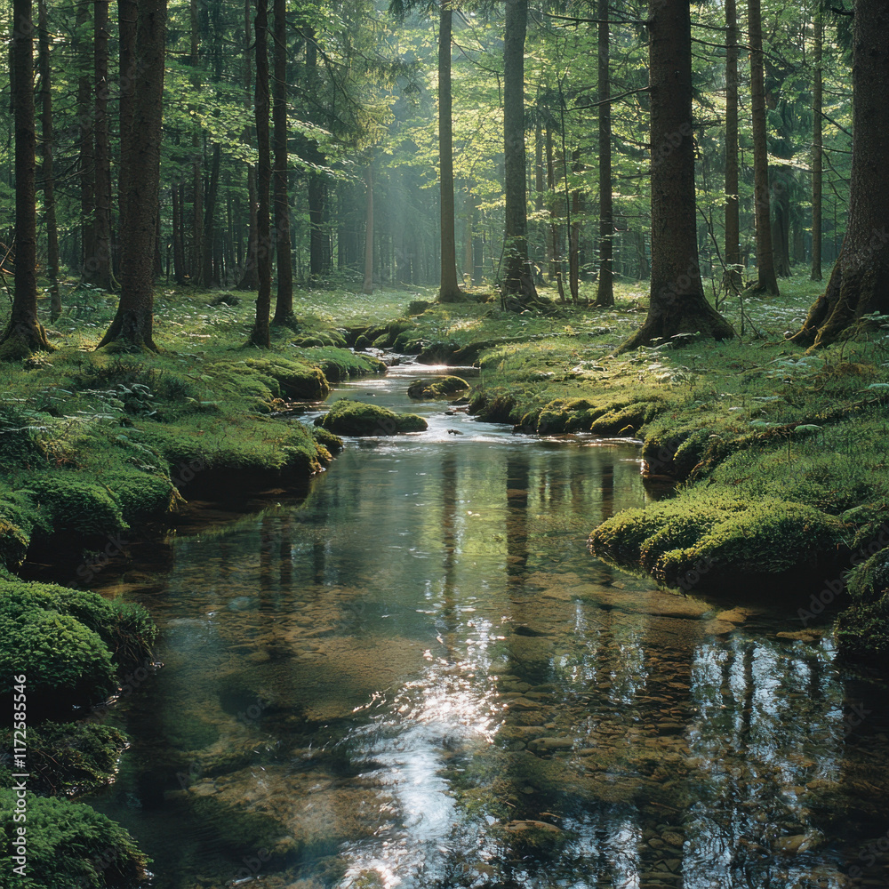 Obraz premium Sunlit forest stream flowing through mossy woods